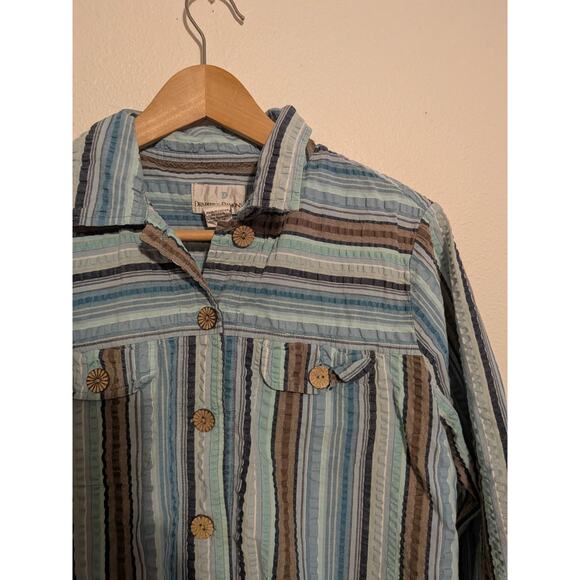 drapers and damons striped cotton button down size XL blue wooden buttons - Picture 4 of 6